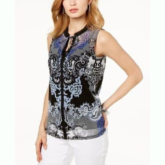 INC International Concepts Tops - INC Printed Split-Neck Top Black Blue M